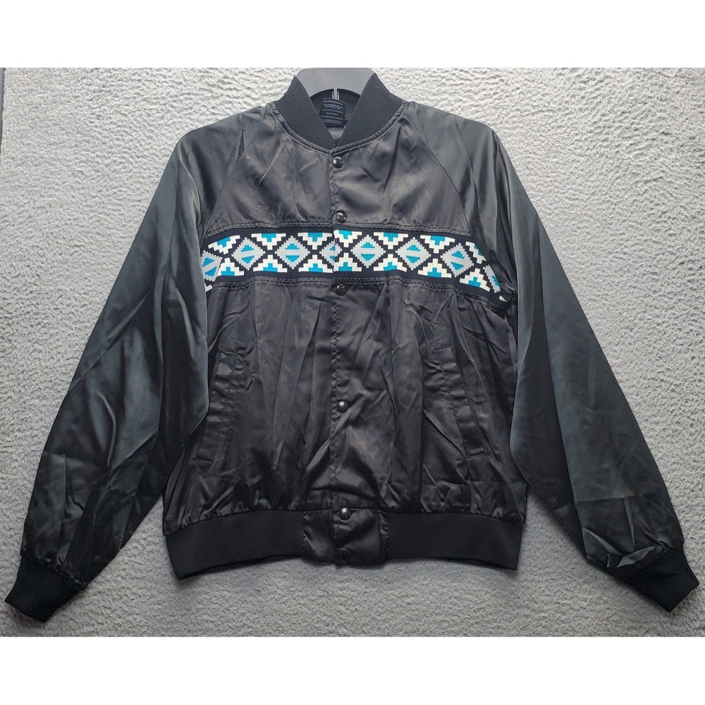 VTG Black Sheep Bomber Jacket Men L Black Aztec Detail Ribbed Cuff & Hem Snap Up